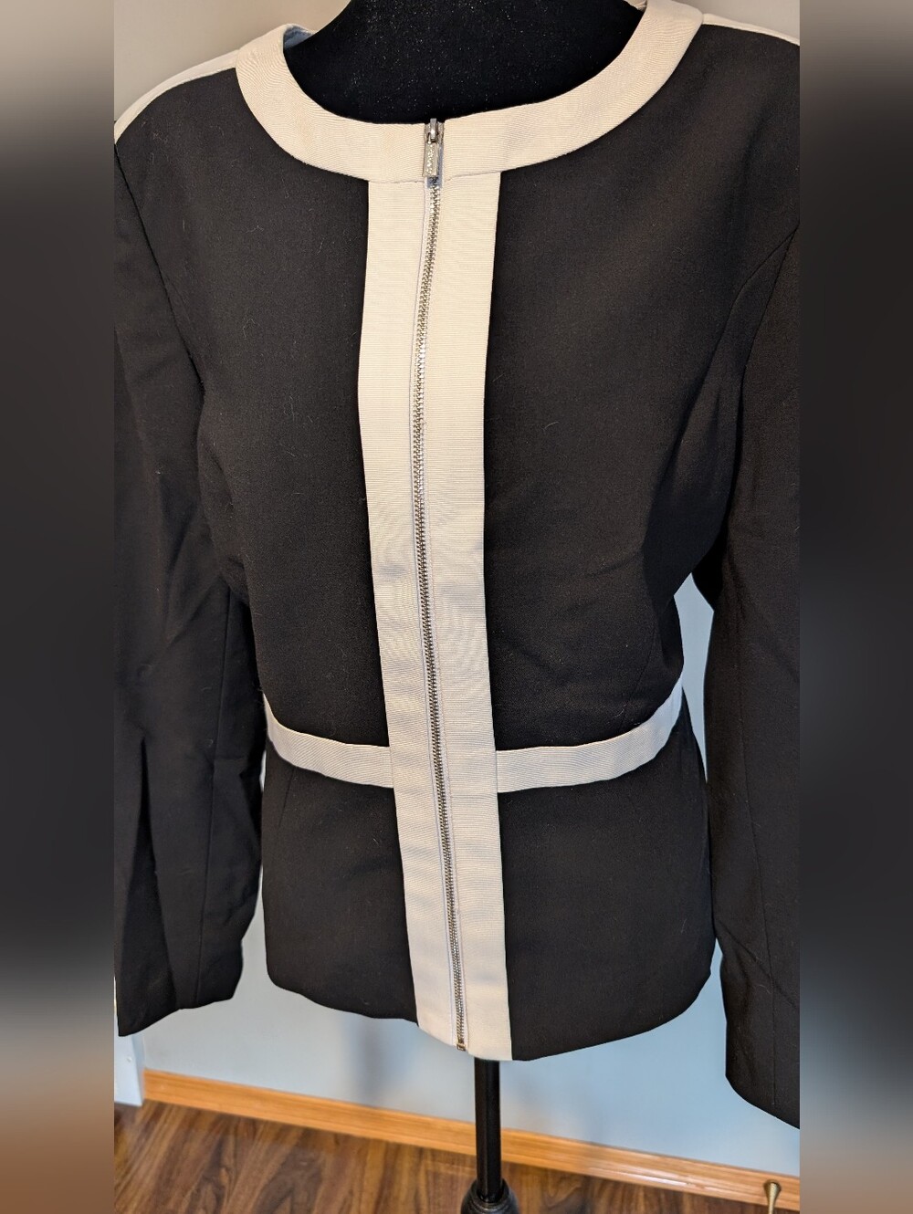 Calvin Klein Black Jacket with White Trim Zip Front Blazer